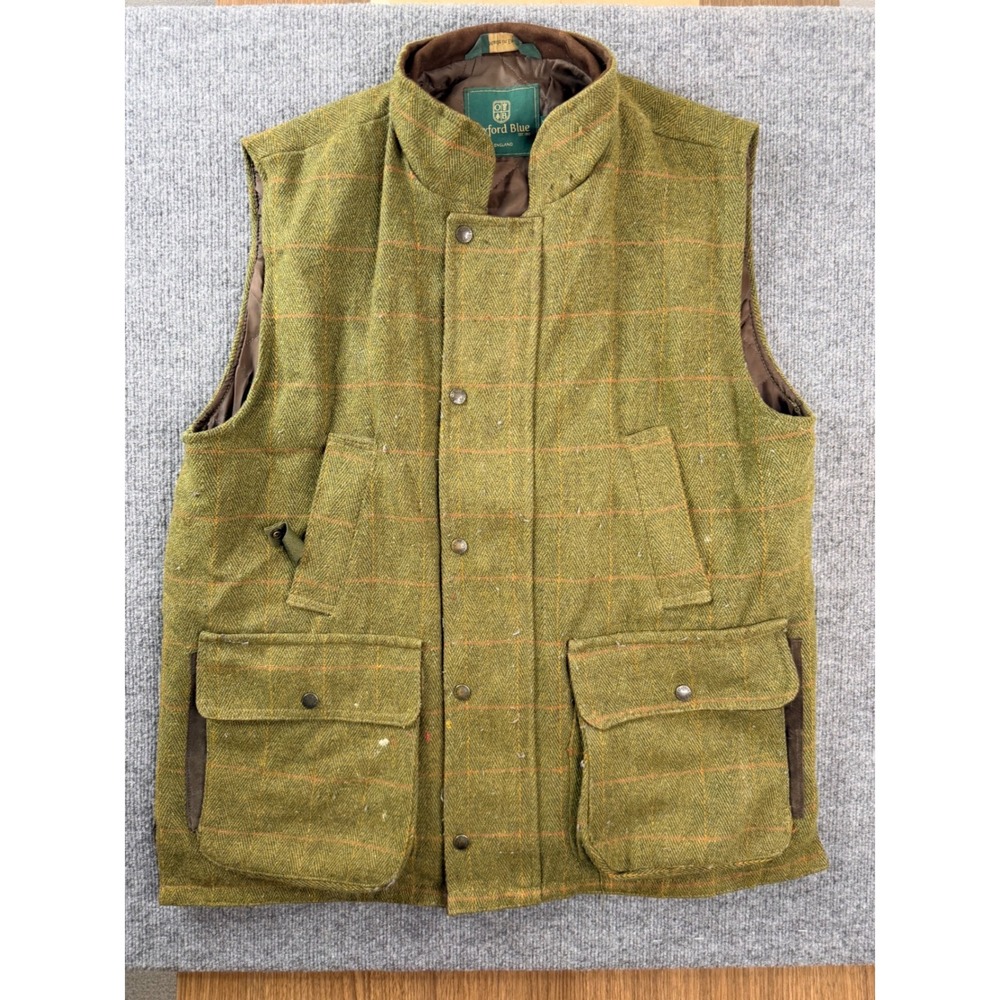 Vintage Oxford Blue England Wool Tweed Vest XL Green Plaid Workwear Gilet Flaws